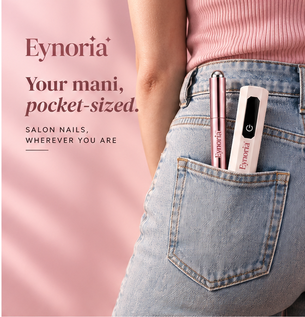 Eynoria magnetic nail gel pen and UV lamp tucked into a jeans pocket